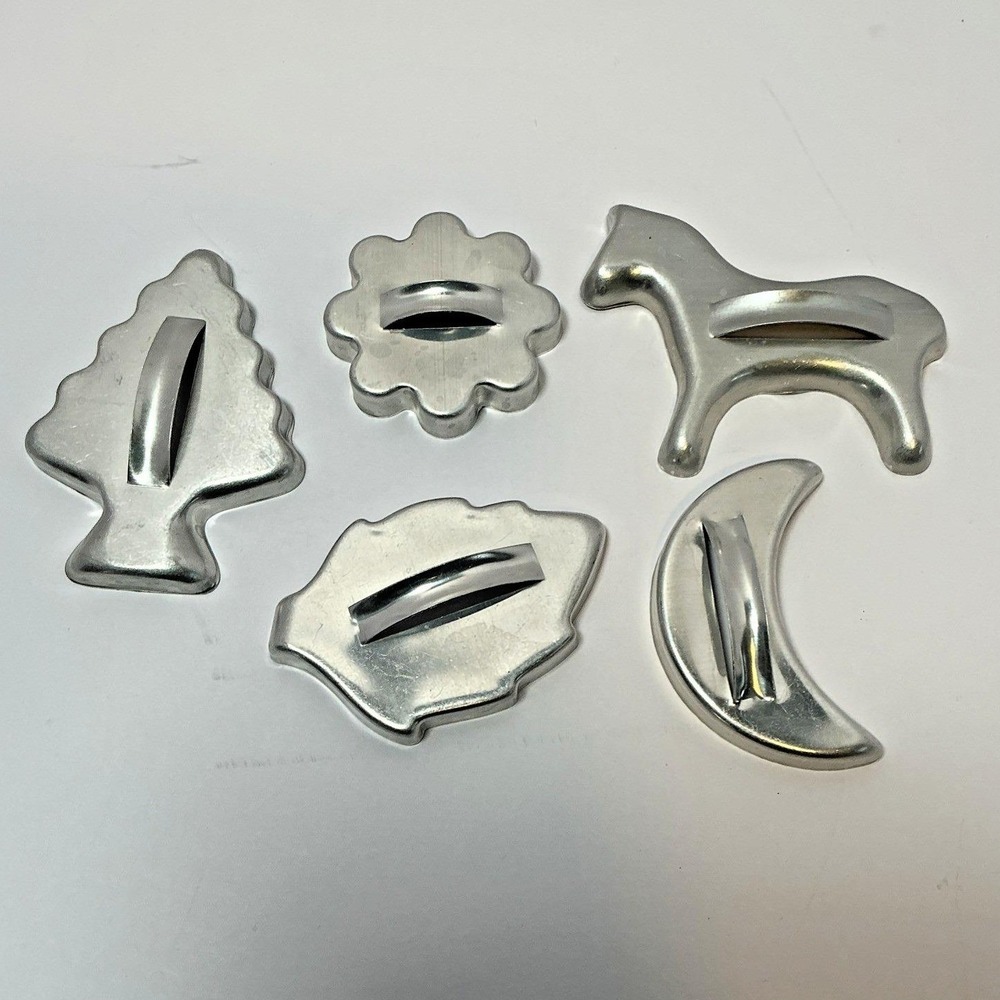 Vintage Set of 5 Fun Shaped Metal Cookie Cutters Moon, Leaf, Horse, Tree, Flower